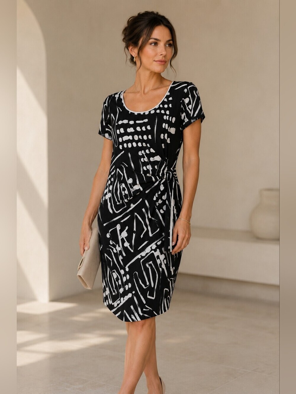 Joseph Ribkoff Abstract Print Side Tie Dress Black White 10
